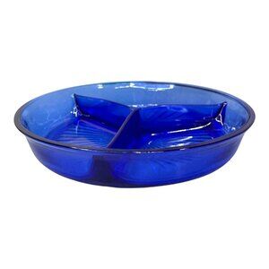 Vintage Jeannette Cobalt Blue Divided Relish Plate Serving Dish Platter 8.5"